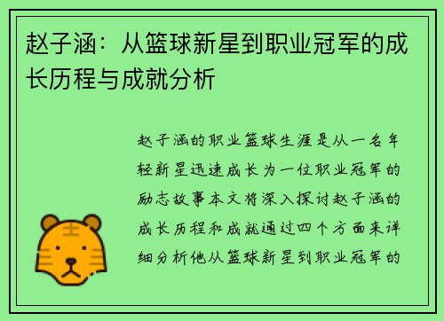 赵子涵：从篮球新星到职业冠军的成长历程与成就分析